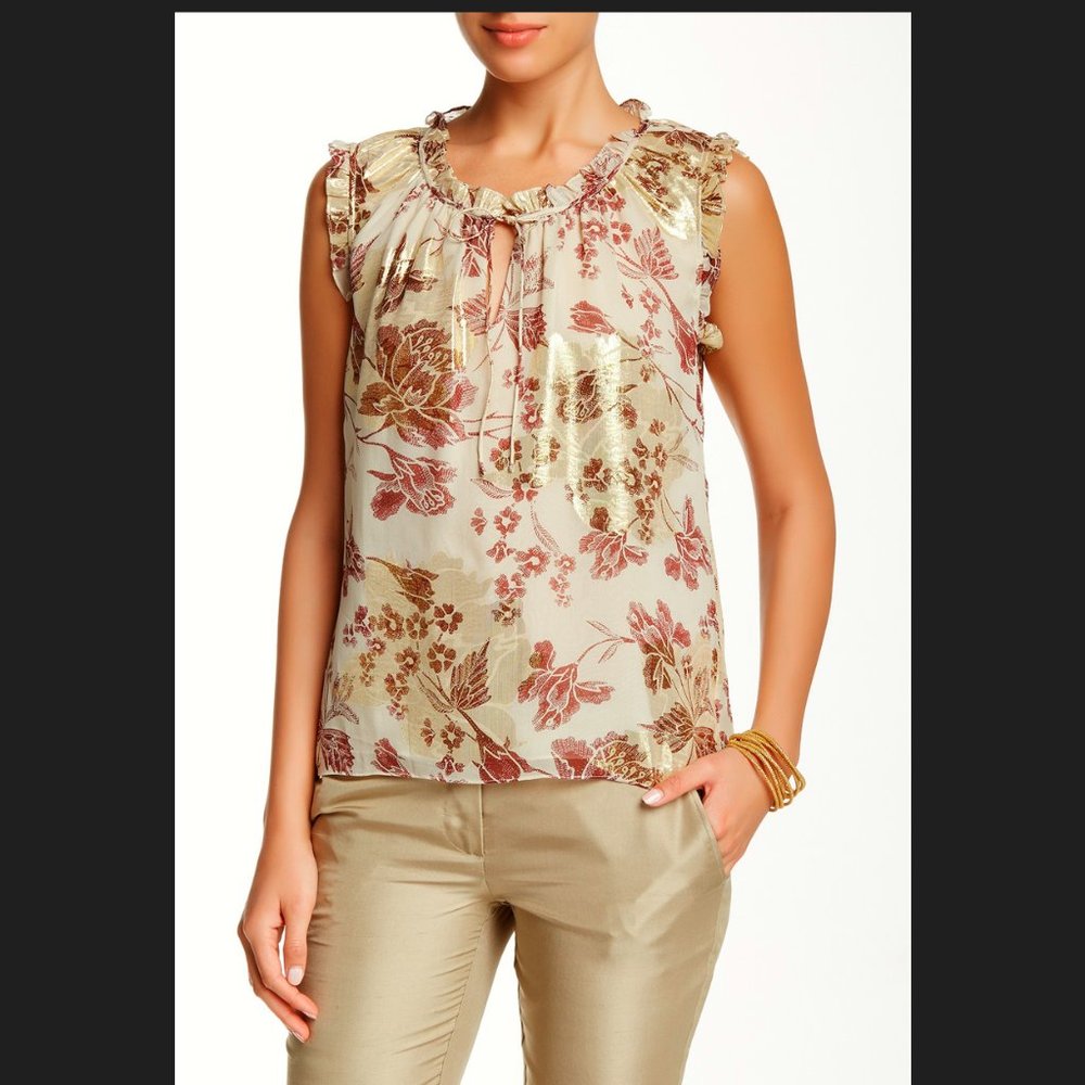 DVF New 'Rebekah' SILK Gold Metallic Printed Top Blouse NWT Women's 10 CHIC